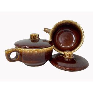 Set of 2 Vintage Hull Oven Proof USA With Handle and Lid Brown Drip Glaze 8 Oz
